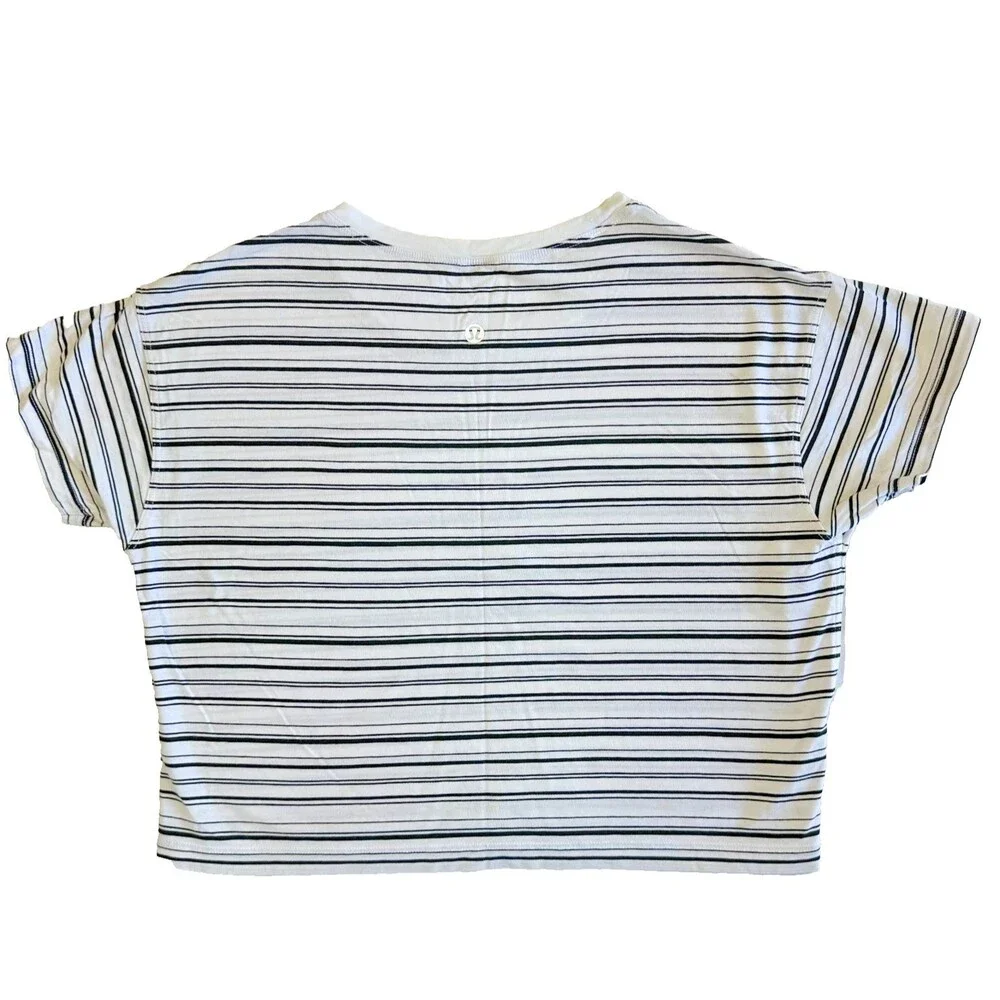 Lululemon Cates Tee Cut Back Stripe White Black T Shirt Crop Pima Cotton